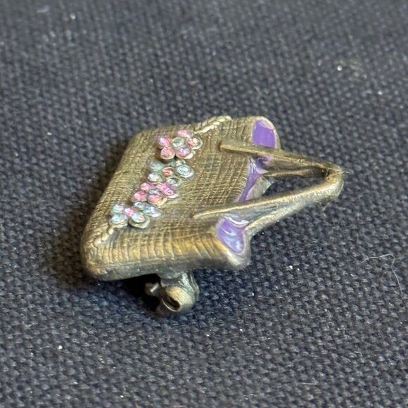Vintage Handbag Pin Brooch With Floral Rhinestone Accents & Purple Enamel Detail - Picture 3 of 9